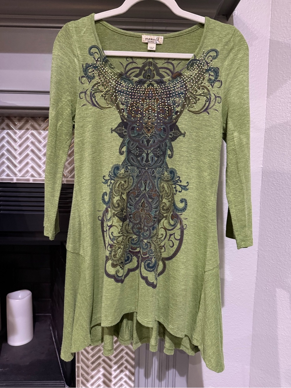 ONE WORLD Green Embellished Scoop-Neck Tunic